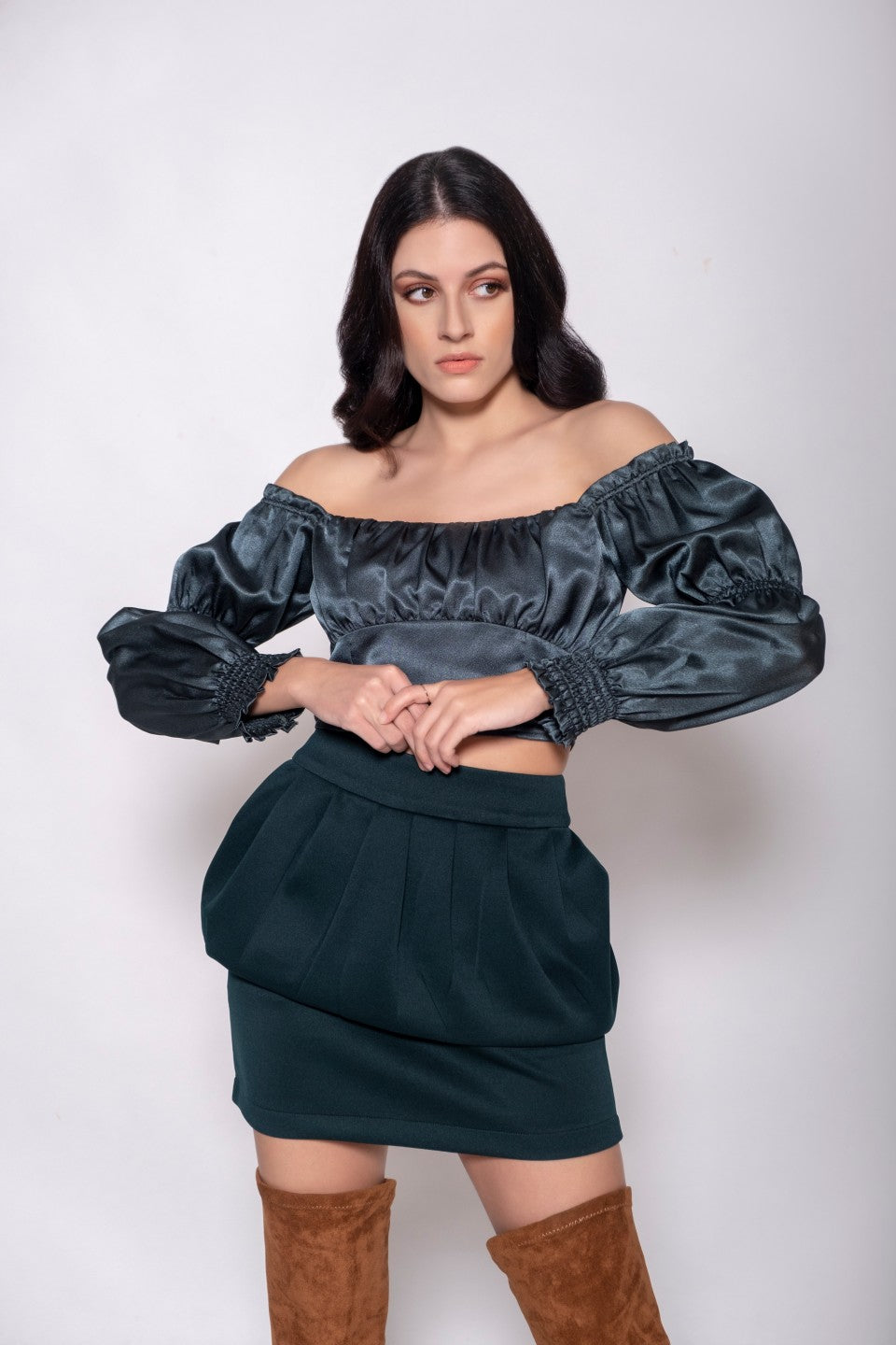 Green Satin Crop Top + Green Peplum Skirt